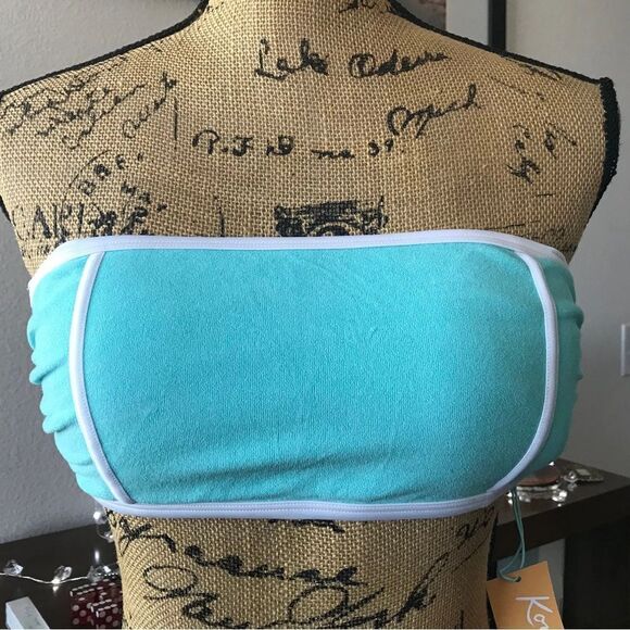 NEW Kona Sol Solid Bandeau Bikini Top Size Medium 8 / 10 Turquoise Terry Straps - Picture 1 of 6